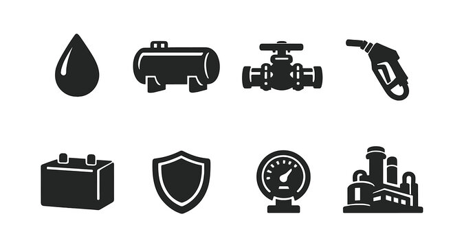 Oil and gas industry icons: drop, tank, valve, nozzle, battery, shield, gauge, refinery