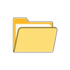 Illustration of a yellow open folder containing white documents on a white background