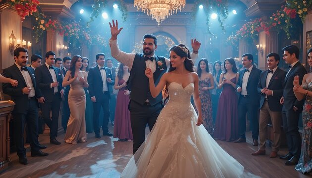 Turkish wedding dance scene, bride and groom dancing with family, festive vibes

