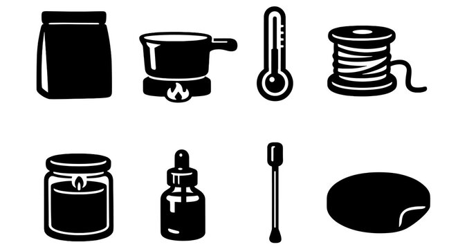 Cooking and craft supplies icons: pot, thermometer, string, candle, bottle, q-tip, dough