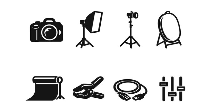 Icon set: camera, lighting equipment, studio gear, tripod, reflector