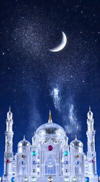 Ramadan Mubarak Greeting Animation with Mosque Model at Crescent Moon Night.