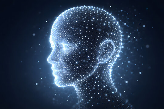 Futuristic human face made of glowing particles, artificial intelligence digital avatar concept with neural network visualization, data connection, virtual mind technology, science innovation, cyber c