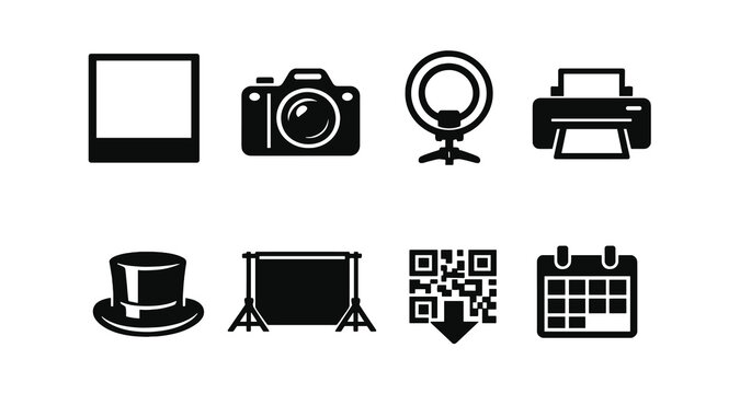 Photography equipment icons set: camera, printer, tripod, ring light, backdrop, qr code, calendar
