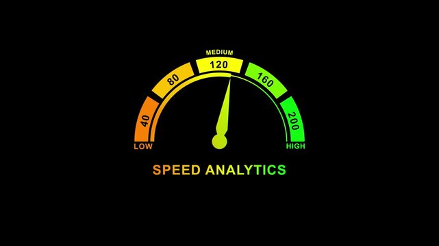 Dynamic speed analytics dashboard with vibrant speedometer gauge displaying medium speed level on dark background technology data visualization business presentations performance metrics and