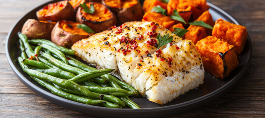 Fototapeta premium delicious homemade dinner plate featuring steamed fish, sweet potatoes, and green beans, perfect for healthy meal