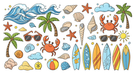 Fototapeta premium Collection of vibrant summer beach vacation icons and illustrations depicting tropical elements like surfboards, palm trees, and ocean waves
