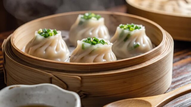 Steaming dumplings sprinkled with green onions sit in a bamboo steamer on a wooden table beside a dipping sauce  spoon