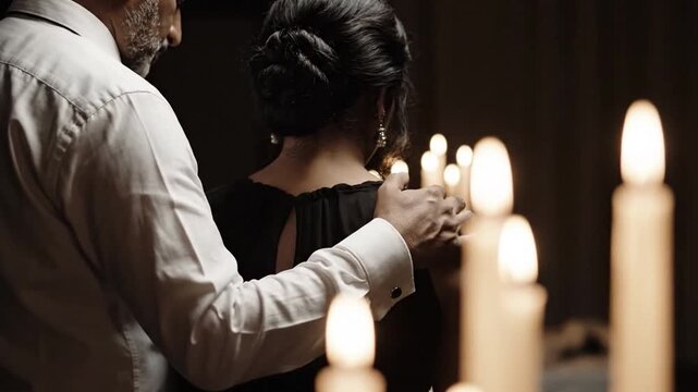 Intimate Embrace: A tender moment unfolds as a gentleman offers a comforting touch to a woman's shoulder, creating a scene filled with warmth and empathy amidst the soft glow of candlelight.