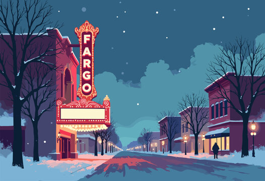 Flat poster Fargo, North Dakota historic theatre sign glowing neon red snowy downtown street scene