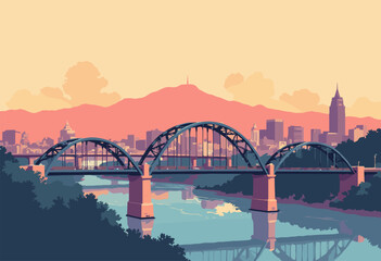 Obraz premium Vertical retro illustration Chattanooga, Tennessee Walnut Street Bridge Lookout Mountain distance Warm palette