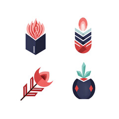 Obraz premium Four Stylized Isometric Icons Open Book With Flames Feather With Rose Bud Decorative Plant Vase With Gemstones Isolated Transparent Background