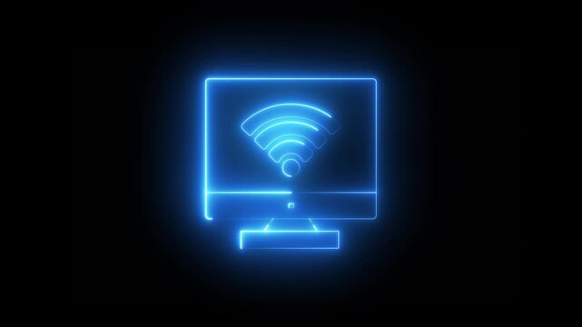 Neon Blue Computer Monitor with Wi-Fi Signal Icon Wi-Fi Signal Symbol Network Connection Internet Service Smart Technology.