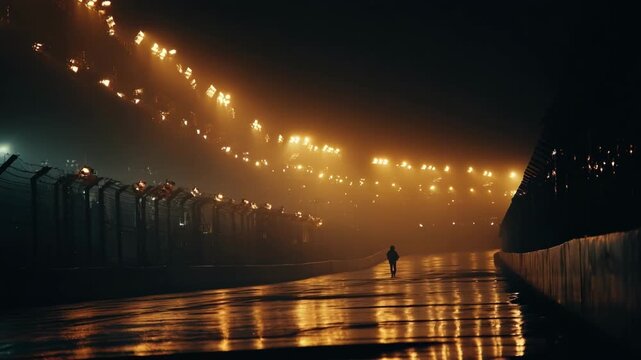 Installer setting up warm halogen lights along a racing track emphasizing the classic lighting atmosphere created for nighttime motorsport events.