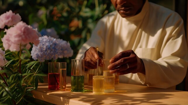 A skilled perfumer works in a vibrant lab surrounded by colorful essential oils and fragrant flowers, crafting unique scents that captivate the senses and elevate the art of fragrance creation.