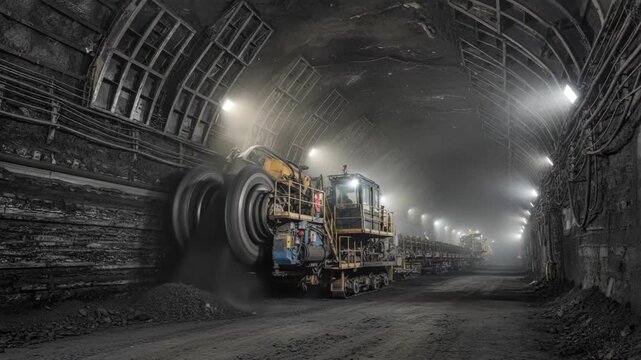 Medium shot of longwall mining operation inside an underground tunnel emphasizing continuous shearer machinery working along a coal seam