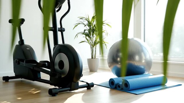 Home Gym Essentials: An elliptical machine, yoga mat and fitness ball sit next to houseplant creating perfect home gym setting.