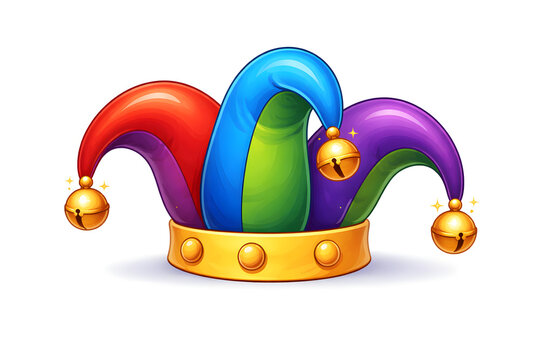 Colorful jester carnival hat with bells festive celebration costume accessory isolated on white background, circus joker cap party decoration fun entertainment festival masquerade comedy performance h