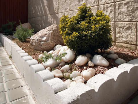 Jard&iacute;n con bordes blancos, pebbles decorativos y sendero de piedra sobre grava marr&oacute;n, dise&ntilde;o estructurado que combina vegetaci&oacute;n baja, est&eacute;tica limpia y materiales naturales en espacio exterior