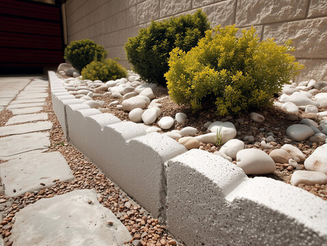 Jard&iacute;n decorativo con bordes blancos de hormig&oacute;n, piedras lisas, grava rojiza y arbustos verdes, dise&ntilde;o paisaj&iacute;stico natural. Cuidado de jardines y paisajismo. Creaci&oacute;n de espacios verdes a medida