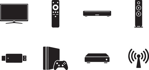 Collection of black silhouette icons representing various home entertainment devices Vector