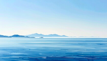 Calm seascape depicts distant mountains under a pale blue sky