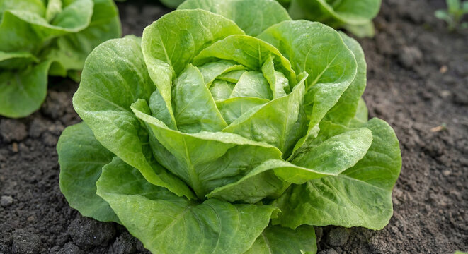 Fresh vibrant green bibb lettuce head growing in a garden bed with rich soil, agricultural background, healthy eating, organic food concept