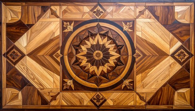 Brown, tan, dark oak wood. Ornate wood floor inlay with intricate geometric border and central medallion for luxury classical interior architecture and craftsmanship.