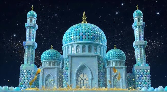 Eid Mubarak Greeting Animation with Mosque Model at Night.