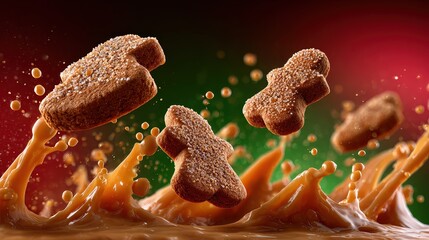Fototapeta premium Levitating Gingerbread Cookies Splashing in Liquid Caramel