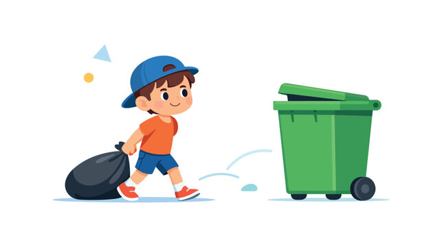 Boy taking out trash to green bin, flat vector illustration