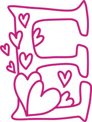 E monogram letter hand drawn with hearts. Pink alphabet symbol isolated on white.