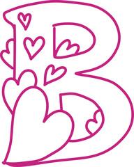 B monogram letter hand drawn with hearts. Pink alphabet symbol isolated on white.