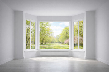Fototapeta premium Minimalist Interior with Bay Window and Fresh Green April Spring Landscape