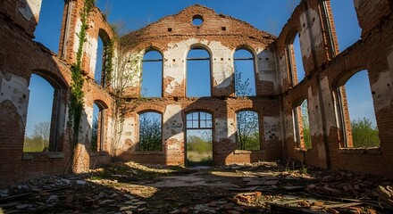 Fototapeta premium Abandoned historic stone ruin with arched windows in golden sunlight outdoor landscape architecture