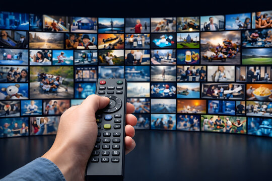 Hand holding television remote control facing massive streaming video wall, smart home entertainment technology concept with multiple screens, digital media consumption background, online movie platfo