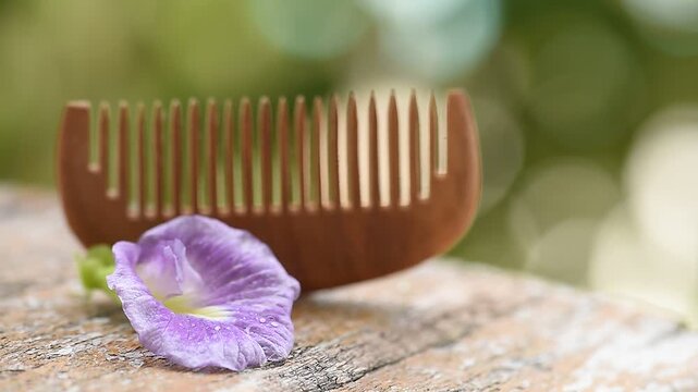 Clitoria ternatea or Butterfly pea flowers and wooden comb on natural background.