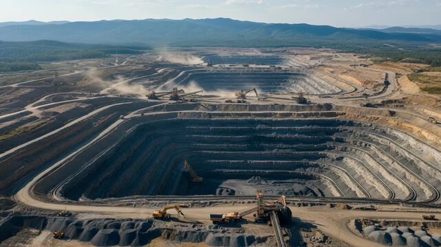 Strip mining layout revealing elongated sequential excavation zones with machinery working on exposed mineral seams for streamlined resource recovery.