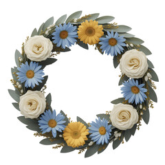 Obraz premium A circular floral wreath made of white roses, blue daisies, and yellow sunflowers.