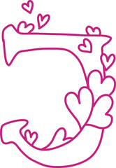 J monogram letter hand drawn with hearts. Pink alphabet symbol isolated on white.