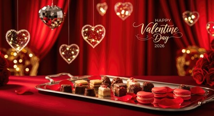 Valentine's Day chocolates and macarons on silver tray