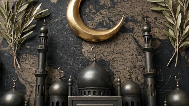 Golden crescent moon and mosque miniatures on vintage world map flat lay for Ramadan and Eid Mubarak celebration