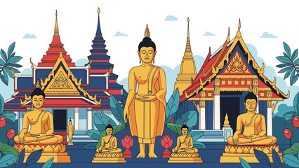 Golden Buddha Statues and Intricate Pagoda Temples in a Serene Thai Cultural Landscape, Reflecting Ancient Spiritual Traditions and Asian Heritage