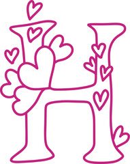 H monogram letter hand drawn with hearts. Pink alphabet symbol isolated on white.