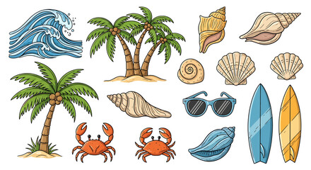 Hand-drawn summer beach elements set. Includes ocean waves, palm trees, various seashells, crabs, sunglasses, and surfboards for tropical vacation designs
