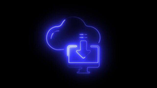 Computer database system with cloud icons data transfer arrows and storage modern, monitor, network object, pc screen security, server, sign style symbol.