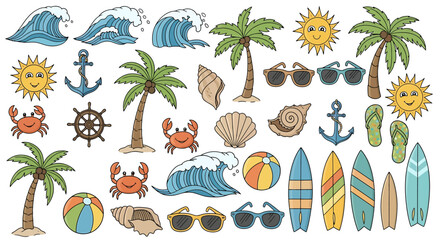 A vibrant collection of summer beach vacation icons featuring waves, palm trees, sunglasses, surfboards, anchors, and crabs for a tropical getaway theme