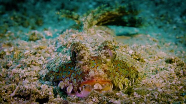 Detailed close up of a cute fingered dragonet peeking from the sand representing the master of camouflage