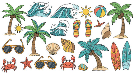 Cheerful hand-drawn summer beach collection featuring tropical palm trees, ocean waves, surfboards, sunglasses, and playful seaside accessories for holiday designs