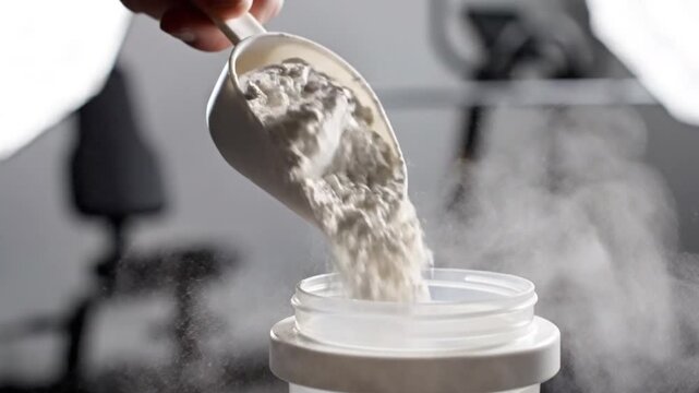 Scoop of Protein Powder: A close-up shot of a scoop pouring protein powder into a shaker, illustrating the beginning of a health-conscious endeavor.